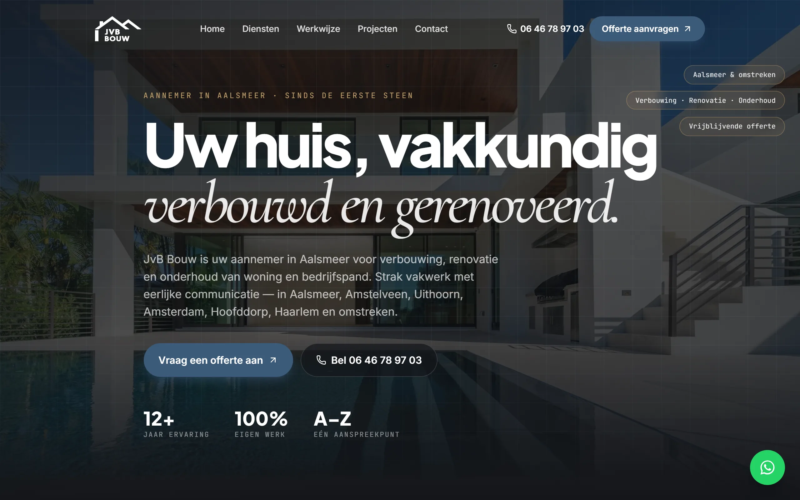 De homepage van JvB Bouw
